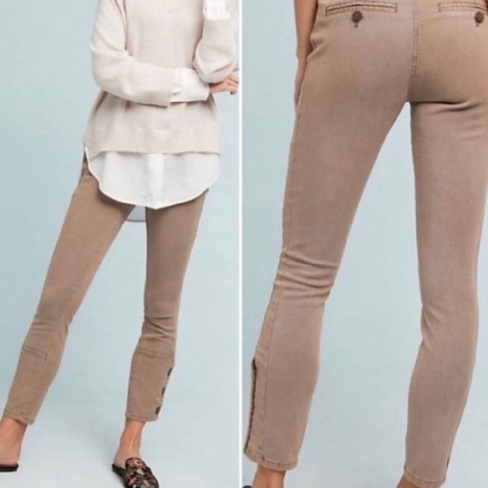 Anthropologie Taupe Ona Stretch Twill Mid Rise Skinny Buttoned Ankle Pants